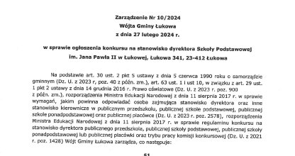 Konkurs na stanowisko dyrektora Szkoły Podstawowej im. Jana Pawła II w Łukowej, Łukowa 341, 23-412 Łukowa