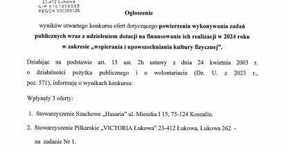 Ogłoszenie wyników otwartego konkursu ofert dotyczącego powierzenia wykonywania zadań publicznych wraz z udzieleniem dotacji na finansowanie ich realizacji w 2024 roku w zakresie &#34;wspierania i  upowszechniania kultury fizycznej&#34;